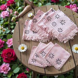 Pink Linen Cloth Napkins With Blue Flowers Luncheon And Dinner Size 4 Of Each